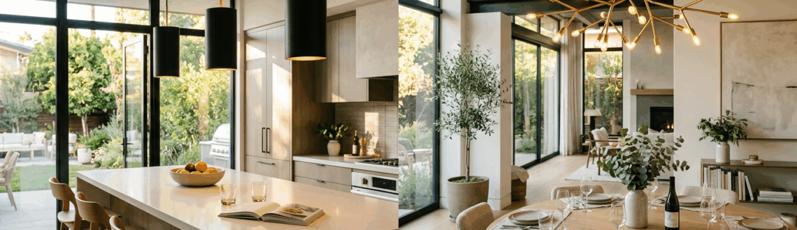Modern kitchen and dining area with large windows, minimalist décor, and stylish lighting fixtures.