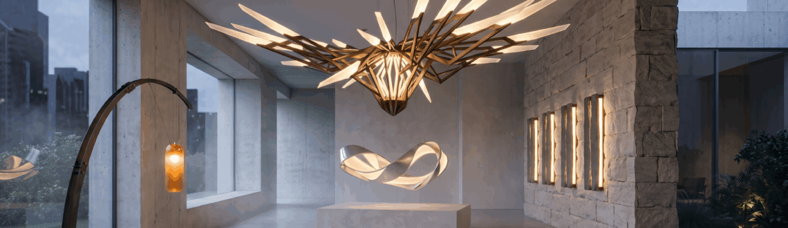 Modern art gallery with futuristic chandelier and elegant sculptures, surrounded by large windows and stone walls.