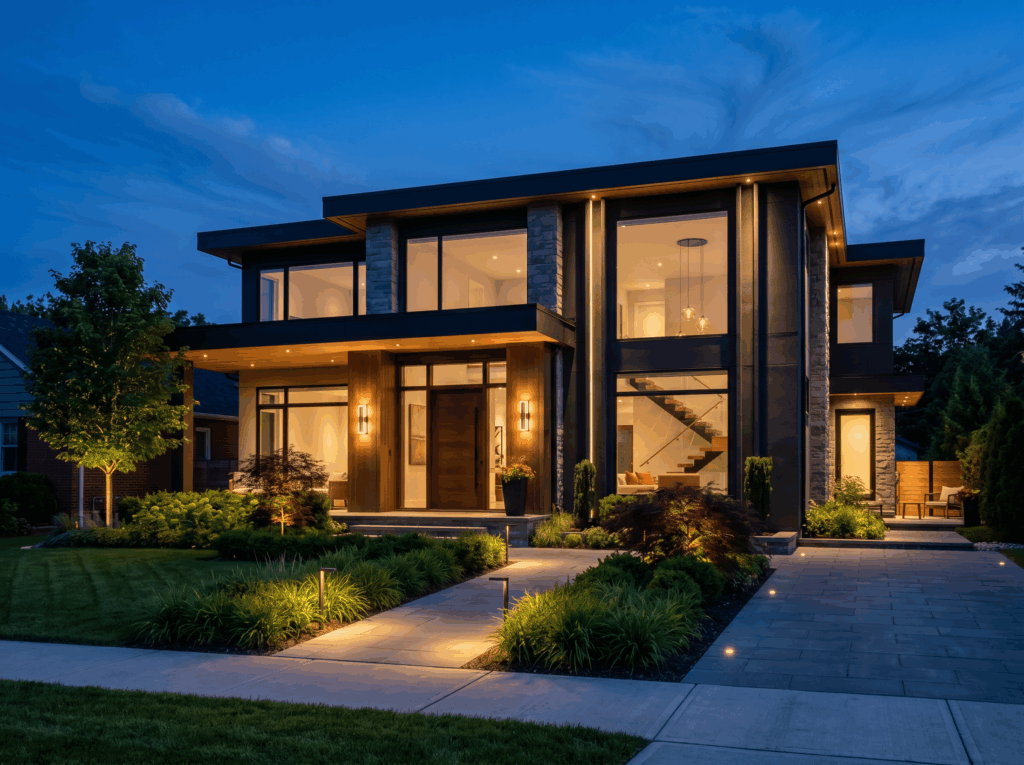 Modern luxury home exterior at night with illuminated landscaping and large windows.
