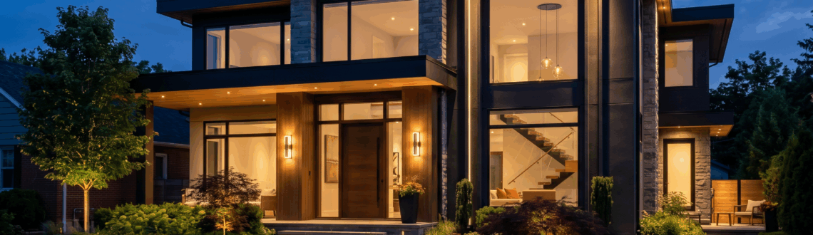 Modern luxury home exterior at night with illuminated landscaping and large windows.