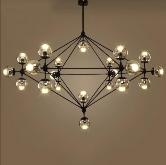 Image_2026-08-01_160826_407 Modern geometric chandelier with glowing glass spheres, creating ambient lighting for contemporary interiors.