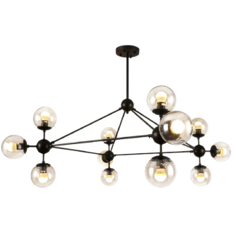 Modern black geometric chandelier with multiple clear globe bulbs, suitable for contemporary interiors.