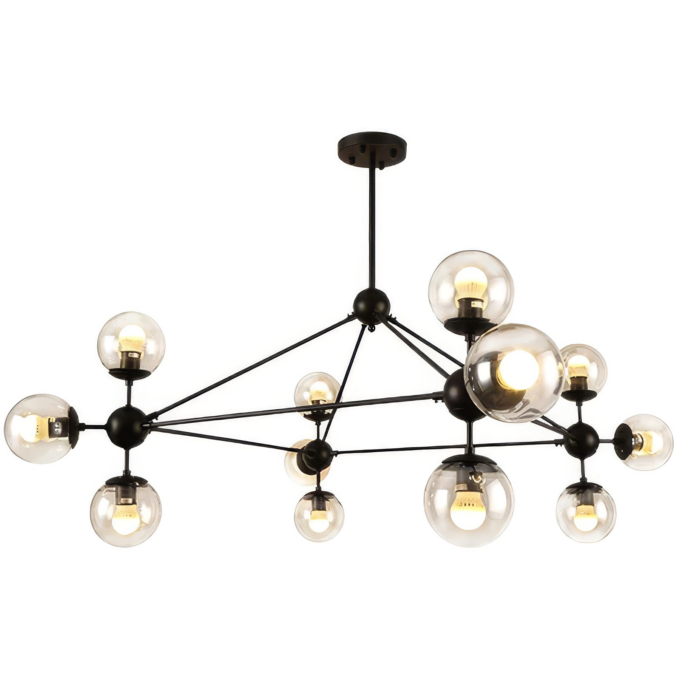 O1CN01LUH5sk1bWDdB2E6B1__3455123472216 Modern black geometric chandelier with multiple clear globe bulbs, suitable for contemporary interiors.