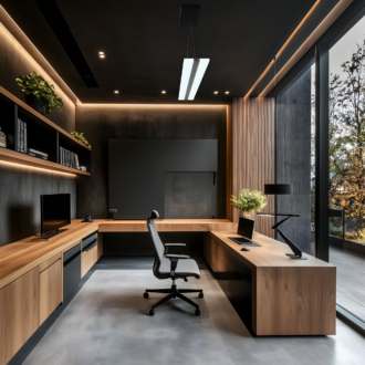 Modern home office with sleek L-shaped wooden desk, ergonomic chair, large window, and ambient lighting.