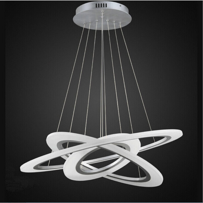 1446732894_z96 Rings Of Jupiter" Modern LED Chandelier with a design of intertwined white rings, suspended from a circular ceiling mount on thin cables, set against a dark background.