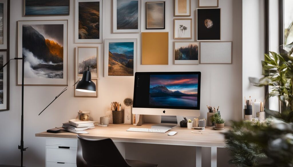 An office workspace featuring a colorful painting and a variety of people with different styles and expressions