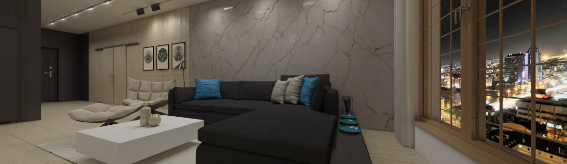 Contemporary living room decor with stylish L-shaped sofa, rectangular coffee table and modern track lighting