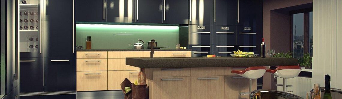 Modern kitchen interior with LED lighting and glossy finish cabinets.