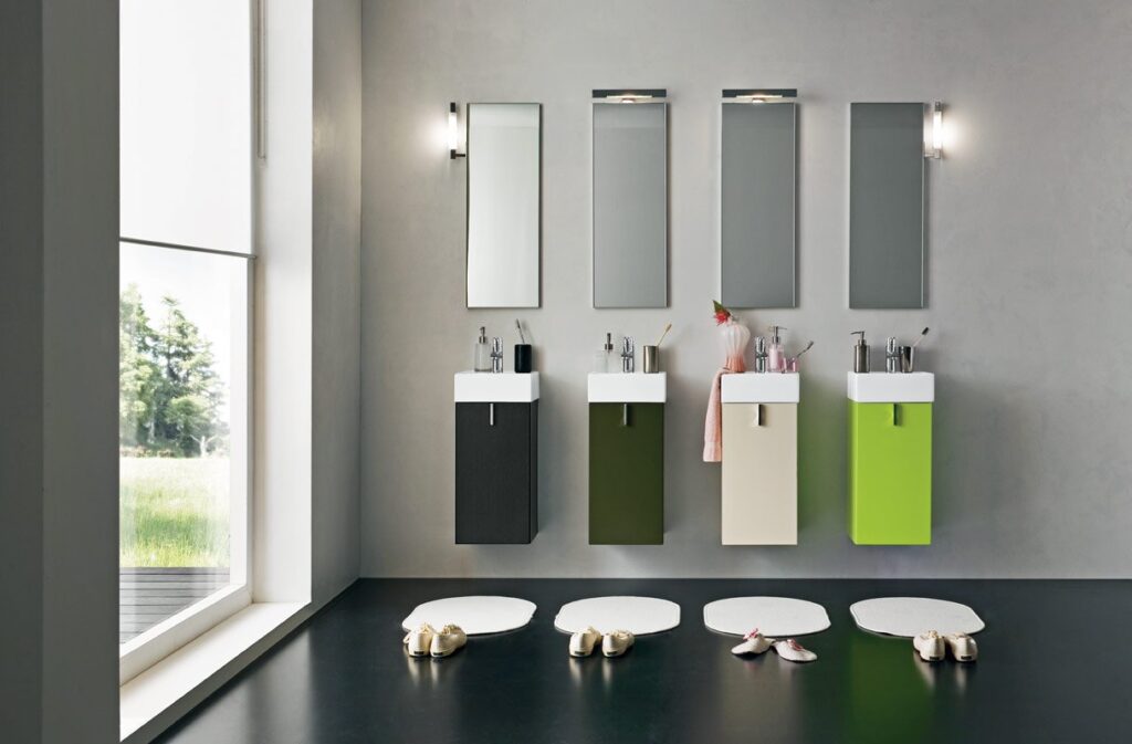 modern-colorful-bathroom-vanities-white-square-shaped-ceramic-sinks-chromed-single-handle-faucets-frameless-vertical-rectangle-bathroom-wall-mirrors-cylinder-shaped-wall-sconces-bathroom-contemporary