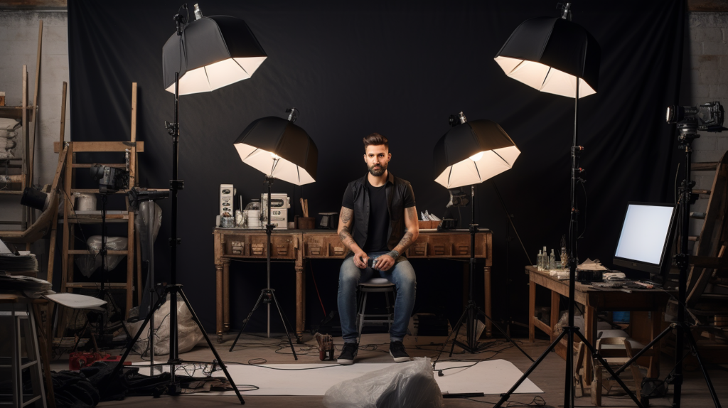 photographer in a professional photo studio taking pictures of lighting