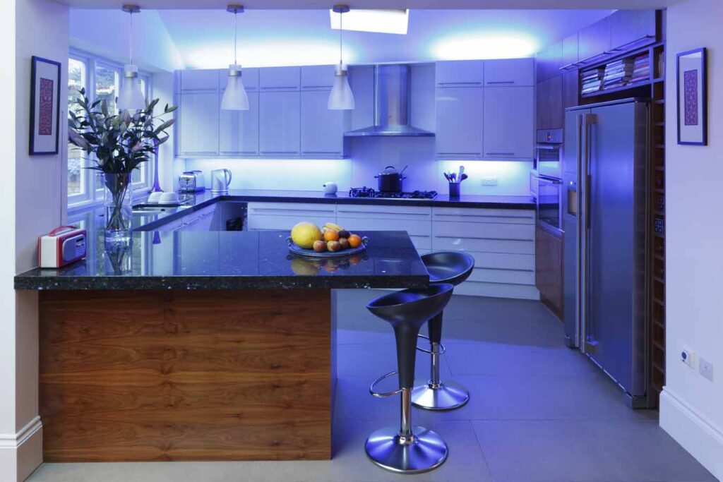 wonderful-white-blue-wood-stainless-glass-modern-design-blue-led-kitchen-lights-pendant-lamp-typist-chairs-wall-cabinet-granit-top-base-cabinet-under-led-lamp-at-kitchen-as-well-as-kitchen-lights-ceil