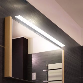 Modern bathroom mirror with LED lighting and wooden accents.
