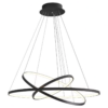 Modern black LED chandelier with geometric ring design, suspended from ceiling. Ideal for contemporary interiors.