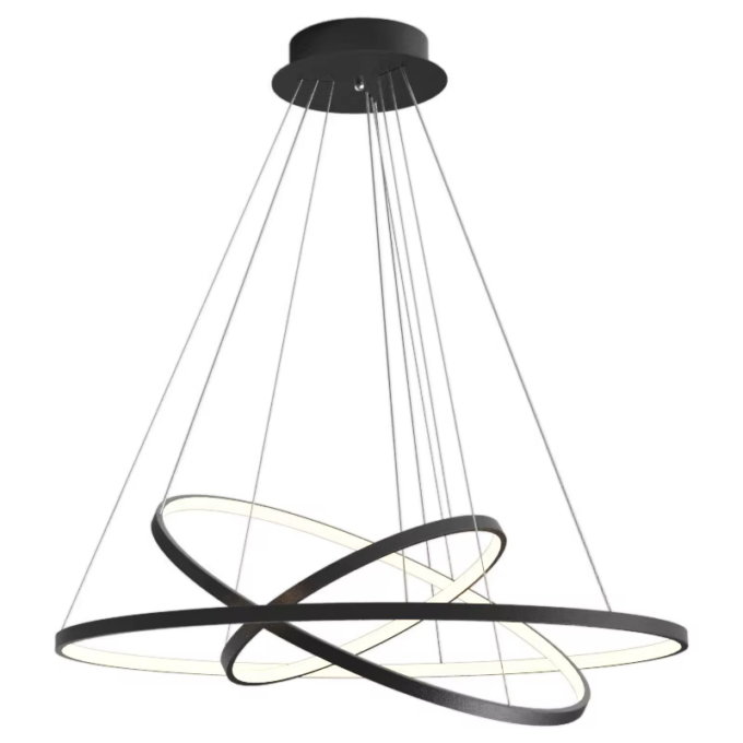 Modern black LED chandelier with geometric ring design, suspended from ceiling. Ideal for contemporary interiors.