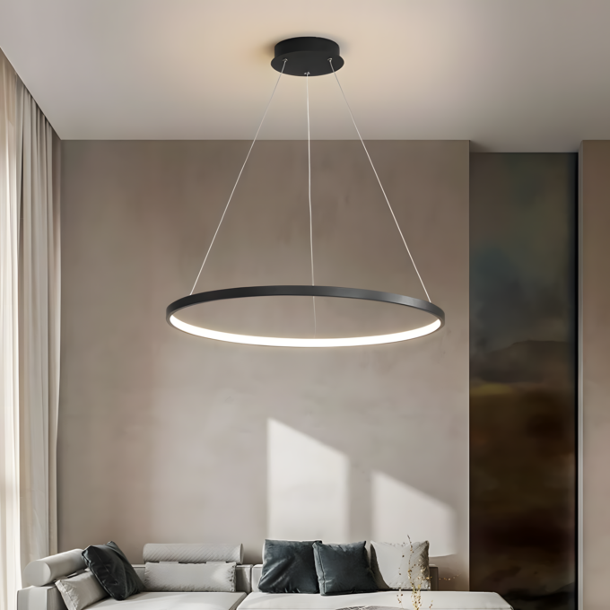 51xLyKOxoFL._AC_SL1200_ (Custom) Modern circular pendant light hanging above a stylish sofa in a contemporary living room with tall curtains.