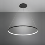 Modern circular LED pendant light fixture with a minimalist design, suspended from the ceiling on thin wires.