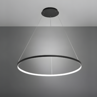 Modern circular LED pendant light fixture with a minimalist design, suspended from the ceiling on thin wires.