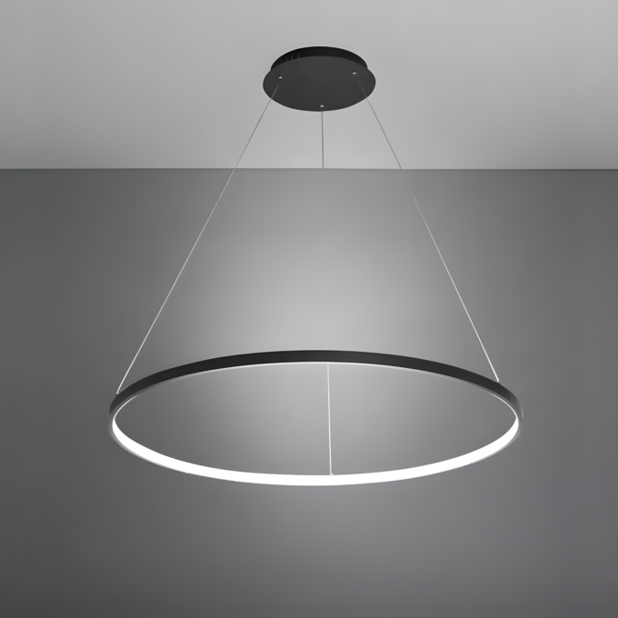 Light+Unique+Geometric+LED+Pendant+Circle+Ring+Chandelier+Remote+Dimmable (Custom) Modern circular LED pendant light fixture with a minimalist design, suspended from the ceiling on thin wires.