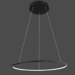 Modern circular LED pendant light in dark interior.