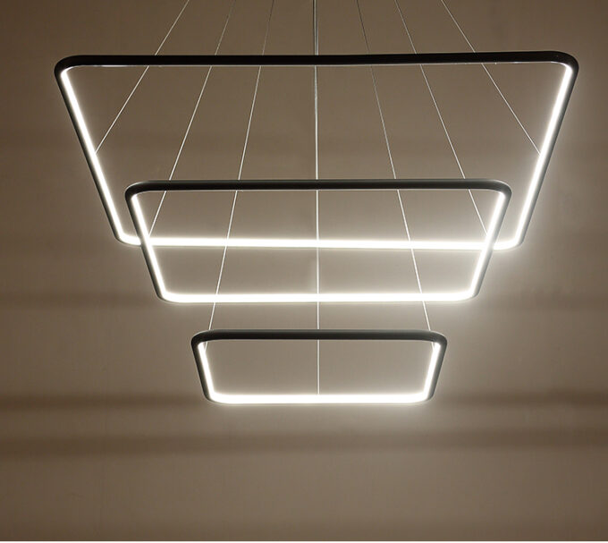 LC-011-AC14-S01-A- (13) Modern LED pendant lights in geometric shapes hanging from ceiling.