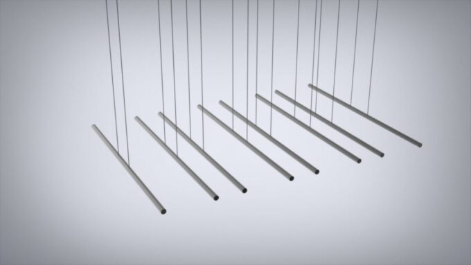 RT14006-100W 2 3D rendering of suspended metal rods in a diagonal arrangement.