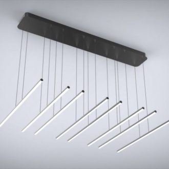 Modern hanging LED chandelier with linear design on grey background