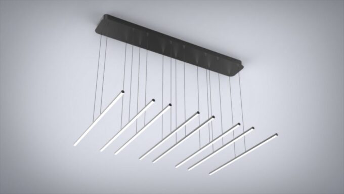 RT14006-100W 3 Modern hanging LED chandelier with linear design on grey background