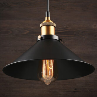 Vintage pendant light with Edison bulb against dark wood background.