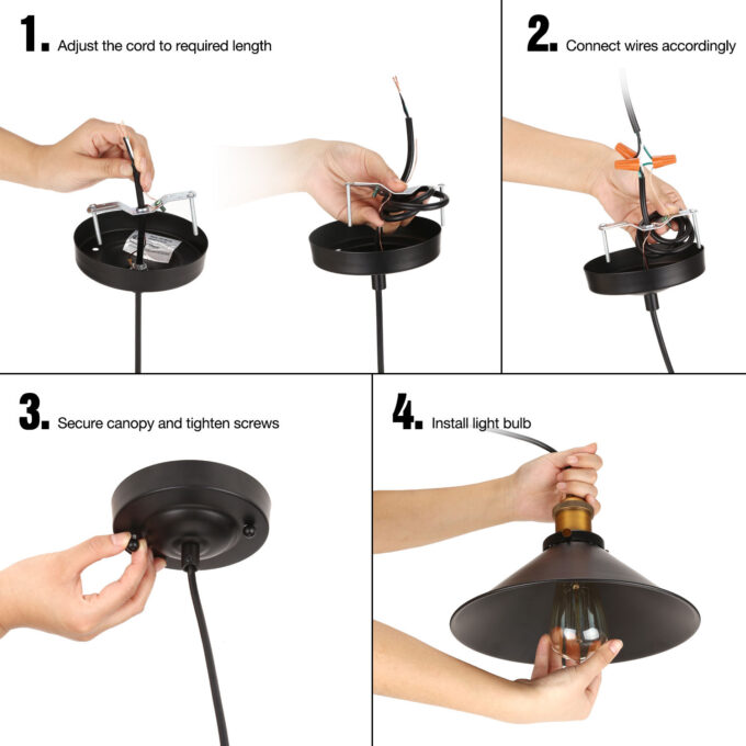 s-l1600 (3) Step-by-step guide for installing a pendant light: cord adjustment, wire connection, canopy securing, bulb installation.