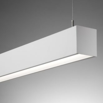 Modern suspended LED light fixture in a white minimalist design.
