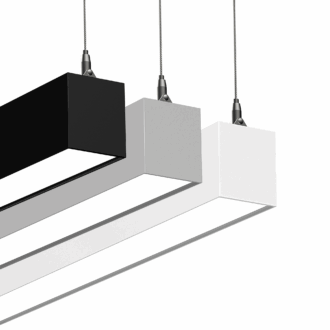 Modern pendant lights in black, gray, and white, suspended by cables, offering a sleek and minimalist design.