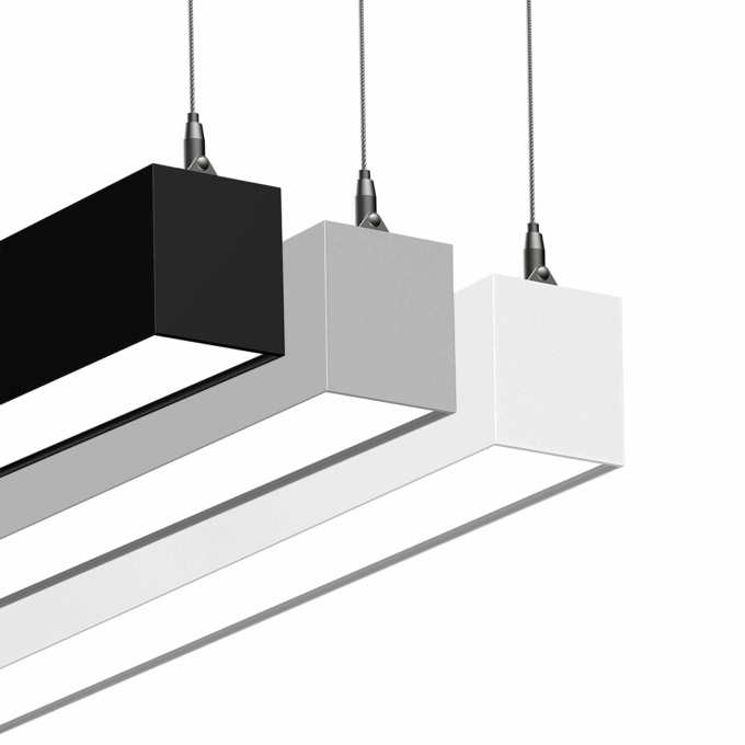Seamless-Linear-Light Modern pendant lights in black, gray, and white, suspended by cables, offering a sleek and minimalist design.