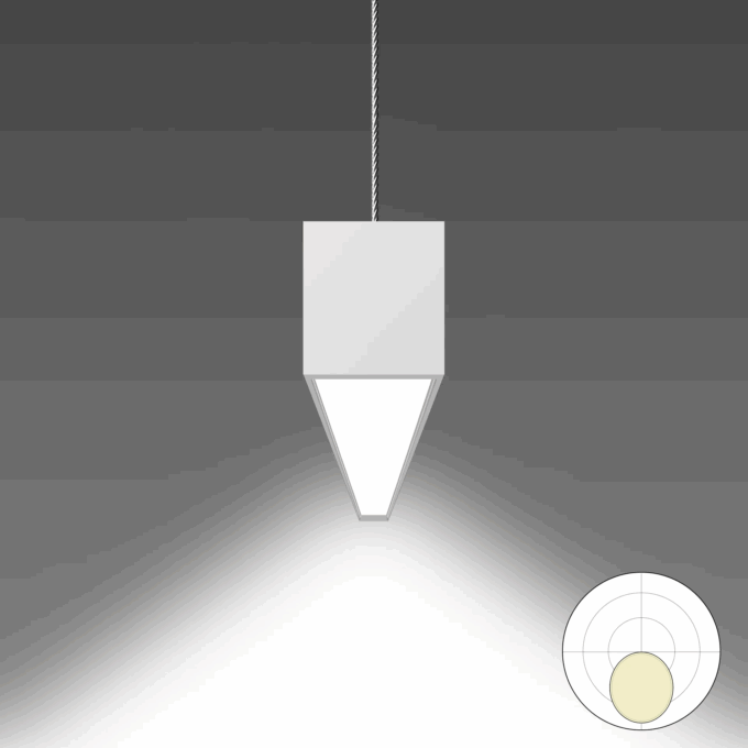 Seamless-Pendant-Mount Modern pendant light with cone shape, casting soft illumination. Includes diagram of light distribution.
