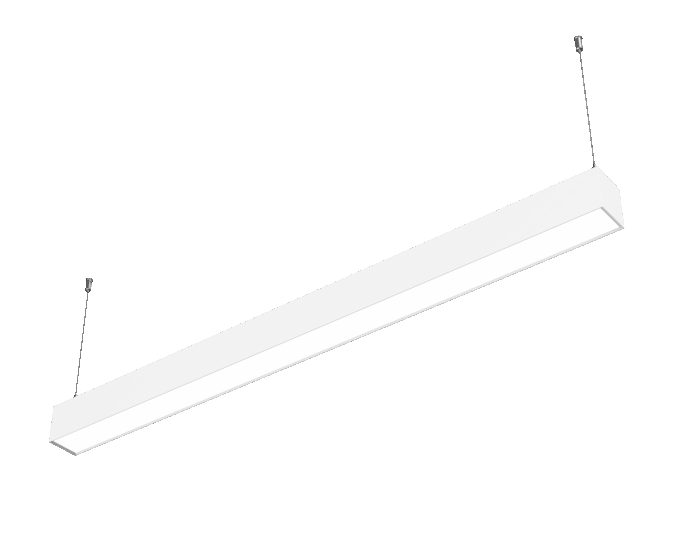 Seamless-Pendant-Office-Light (1) Minimalist LED linear pendant light fixture hanging with cables on a black background.