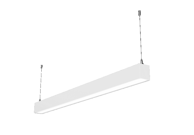 Seamless-Pendant-Office-Light (2) Modern rectangular pendant LED light fixture in white, suspended against a black background.