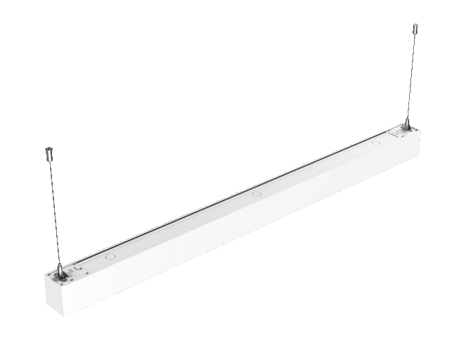 Seamless-Pendant-Office-Light (3) Modern linear pendant LED light fixture with minimalist design, featuring suspended installation over a black background.