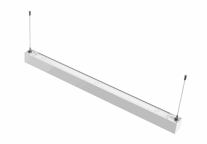 Seamless-Pendant-Office-Light (4) Suspended linear LED light fixture with sleek, modern design against a black background.