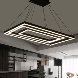 Modern geometric LED pendant light fixture in a sleek kitchen.