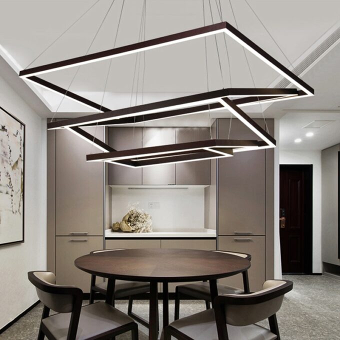 Rectangle-Modern-led-Dinning-Room-Suspension-Luminaire.jpg Modern kitchen with geometric hanging lights, round table, and sleek cabinetry.