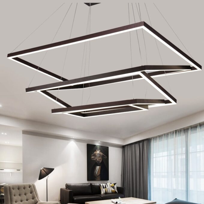 Rectangle-Modern-led-Dinning-Room-Suspension-Luminaire (2) Modern geometric LED pendant lights in a stylish living room interior.