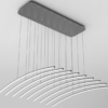 Modern LED pendant light with curved lines hanging from ceiling.