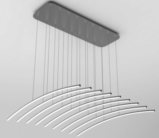 Modern LED pendant light with curved lines hanging from ceiling.