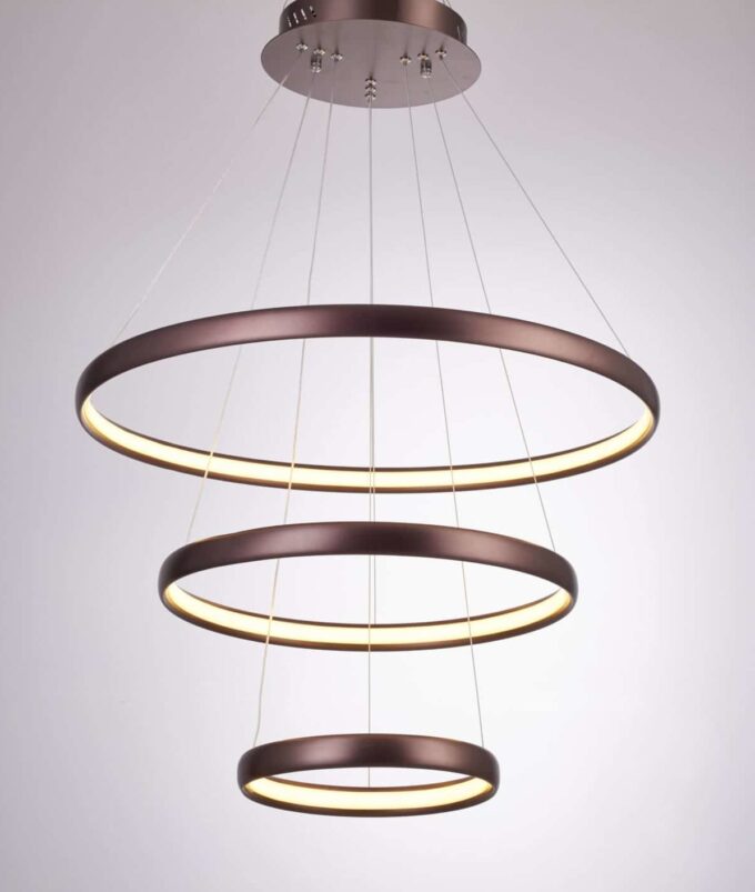 Contemporary bronze 3-ring light fixture suspended on ceiling for modern interior design