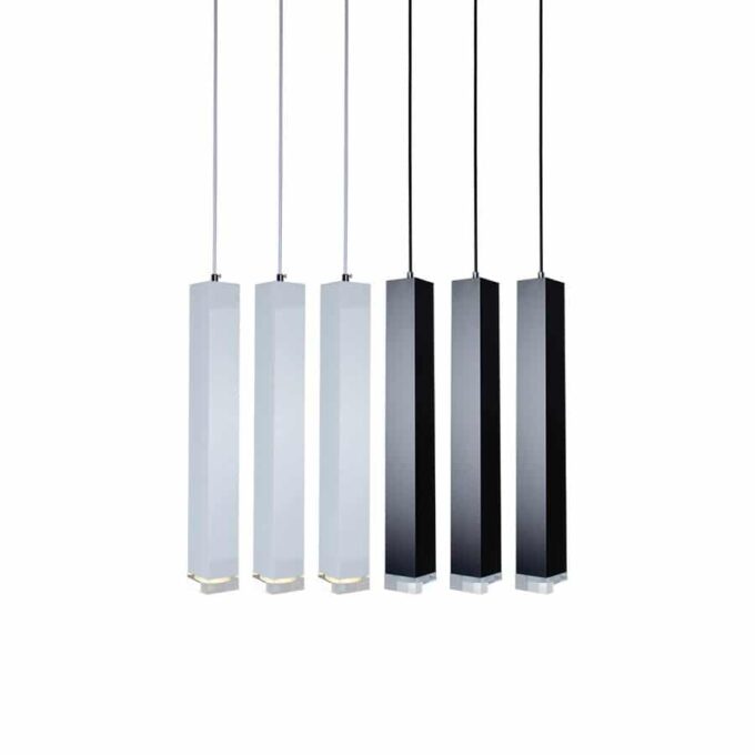 Modern pendant lights, black and white, hanging on white background.