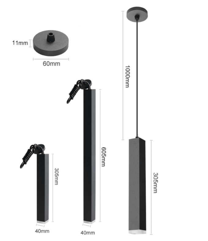 Adjustable pendant light dimensions display – ceiling mount and length options.
