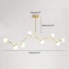 sizing Modern gold branch chandelier with dimensions displayed on a gray background.
