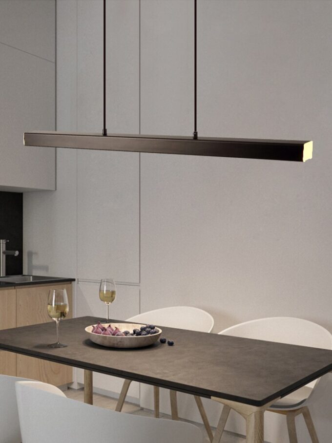 Modern-LED-dining-room-chandelier-lighting-Nordic-restaurant-long-hanging-lights-office-fixtures-Bar-illumination-study.jpg (1) Modern pendant light over minimalist dining table with wine glasses.