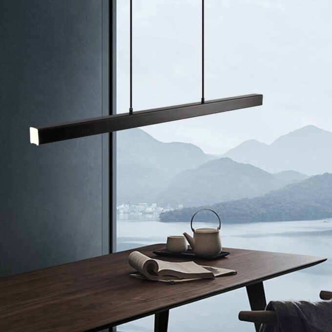 Modern-LED-dining-room-chandelier-lighting-Nordic-restaurant-long-hanging-lights-office-fixtures-Bar-illumination-study.jpg (2) Modern pendant light over a wooden table with tea set, scenic mountain view background.