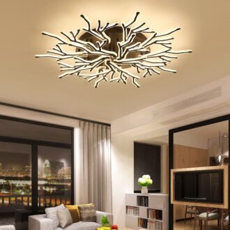 Modern tree-branch-inspired ceiling light in a stylish living room interior.