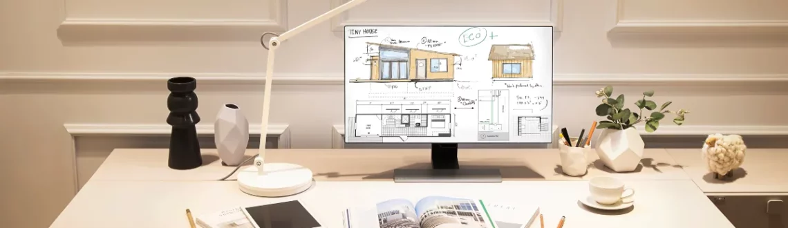 Modern workspace with architectural drawings on computer screen, desk lamp, and decor.